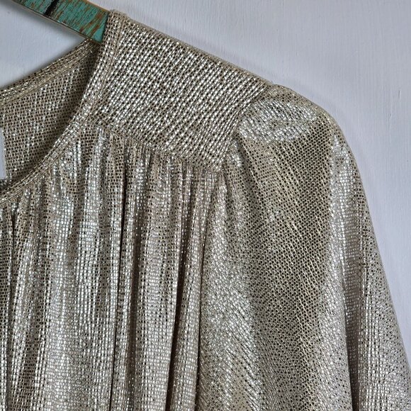 Sabina Musayev Gold Metallic Shimmer Foil O/S Belted Button-up Dress, M, NWOT - Picture 7 of 12